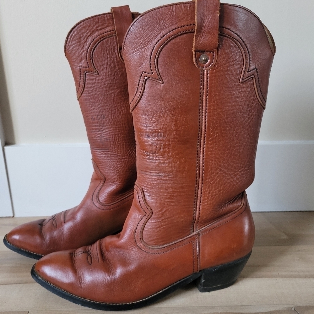 Vintage Men's Leather Levi's Cowboy Western Boots Cognac Brown Orange Tab Sz 10 - Picture 3 of 12